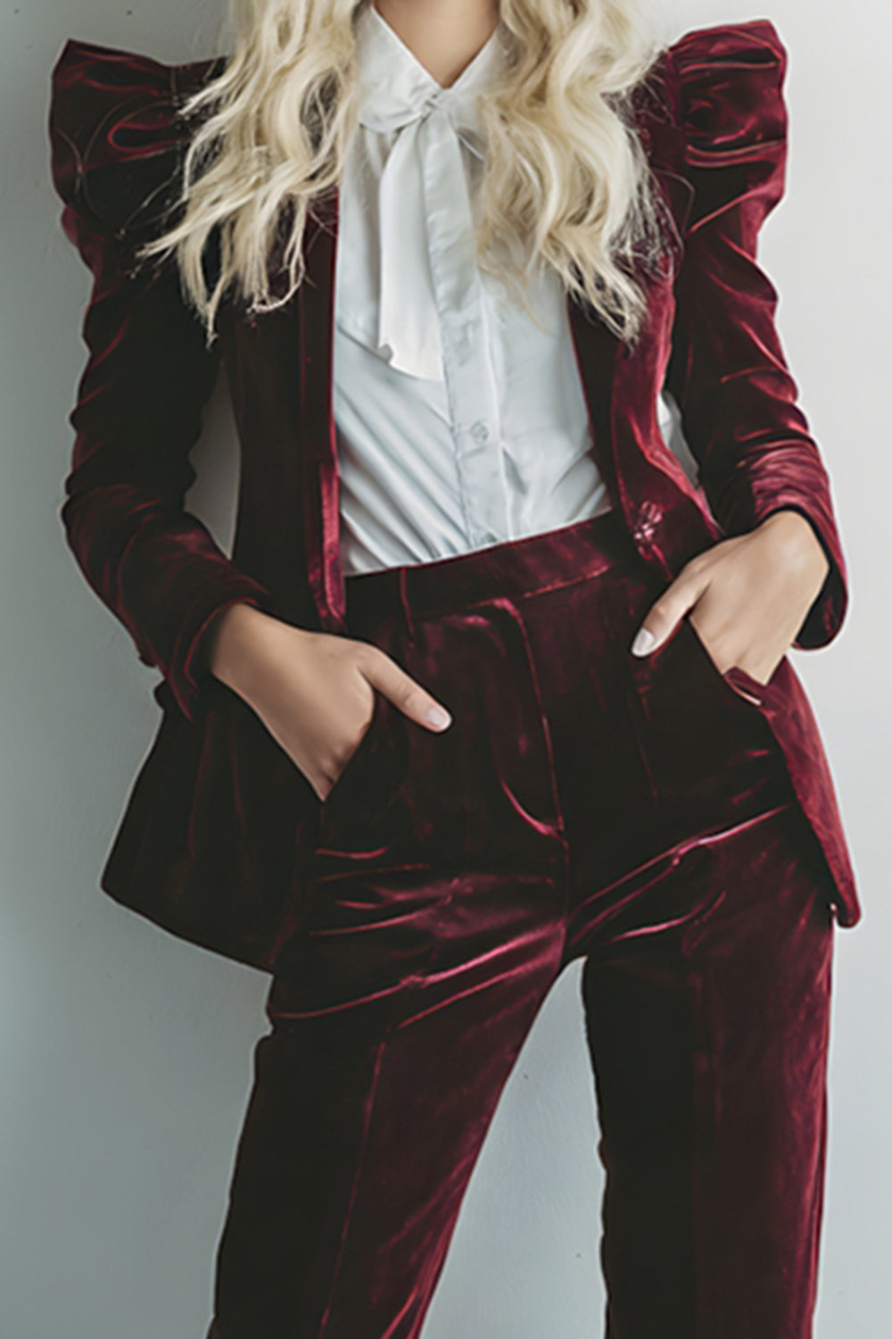Burgundy Velvet 2 Piece Long Sleeves Prom Suits