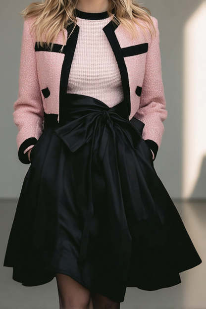 Black Pink A Line 2 Piece Short Tweed Pageant Interview Outfits with Bow