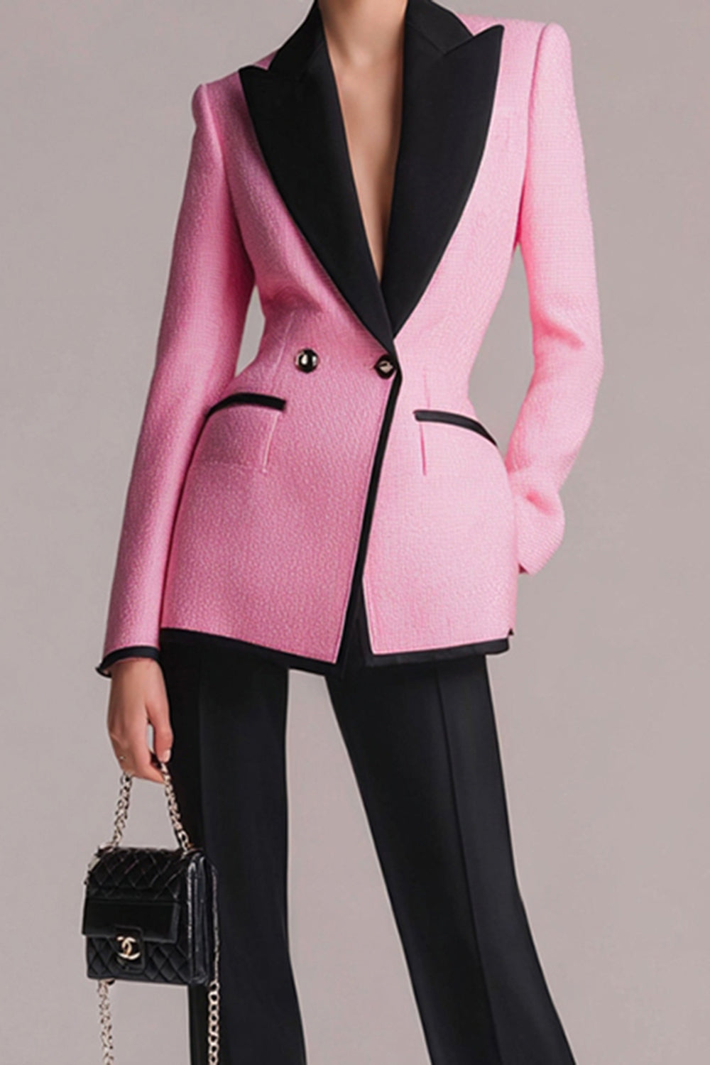 Black Pink 2 Piece Long Sleeves Tweed Peak Lapel Pageant Interview Outfits