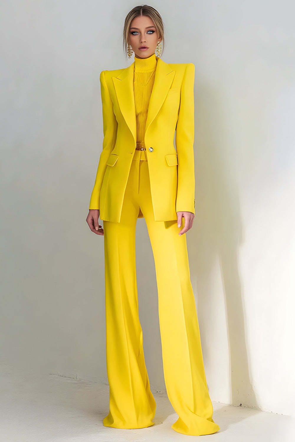 Leely Women 2 Piece Yellow Peak Lapel Prom Suits Long Sleeves One Button Business Pantsuits