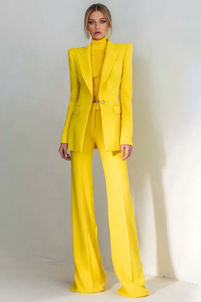 Leely Women 2 Piece Yellow Peak Lapel Prom Suits Long Sleeves One Button Business Pantsuits