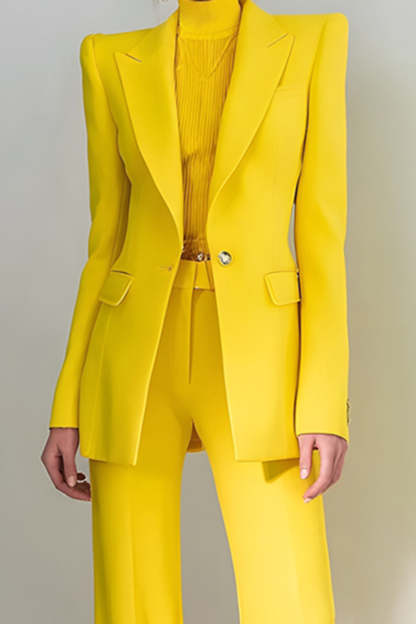 Yellow 2 Piece One Button Peak Lapel Long Sleeves Prom Suits