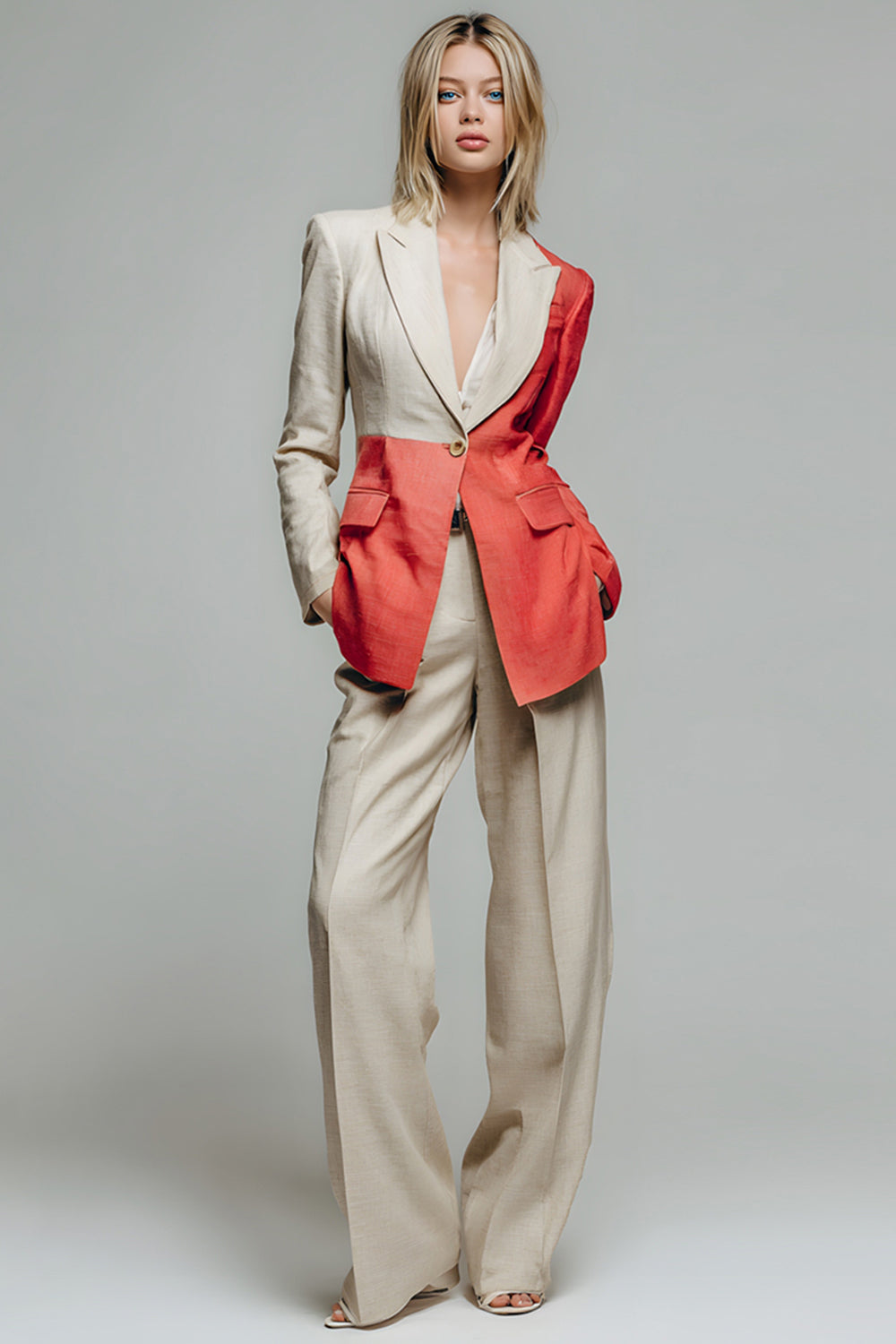 Khaki Red 2 Piece Peak Lapel Patchwork One Button Long Sleeves Prom Suits