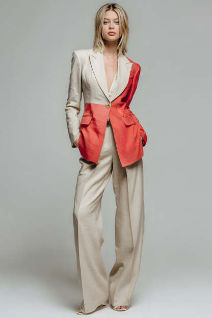 Leely Women Khaki Red Long Sleeves Patchwork Prom Suits with Pockets Peak Lapel 2 Piece One Button Business Pantsuits
