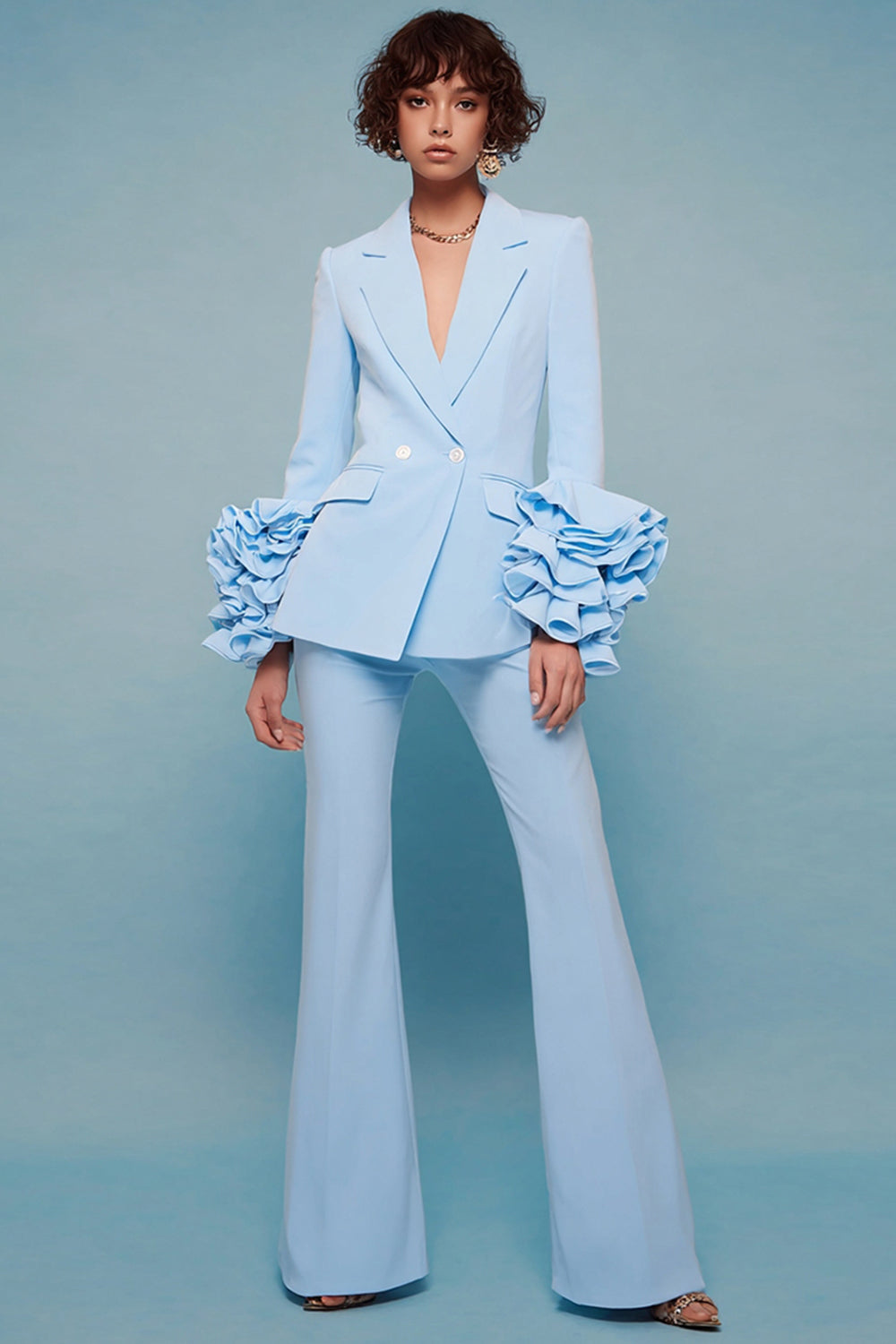 Leely Women Blue Long Sleeves 2 Piece Prom Suits with Ruffles Notched Lapel Double Breasted Party Tuxedo