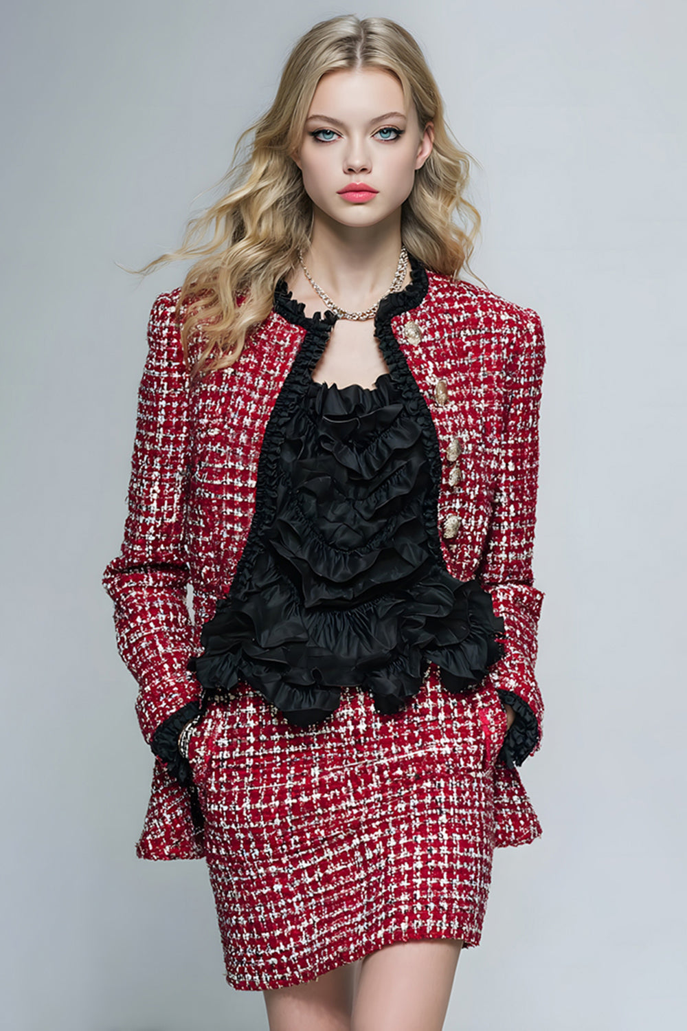 2 Piece Red Grid Tweed Tight Short Pageant Interview Outfits with Ruffles