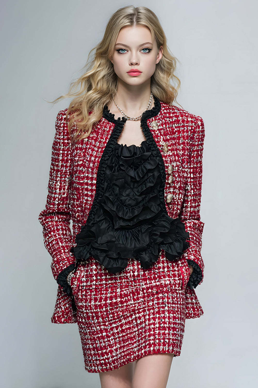 Leely Women Red Grid 2 Piece Short Pageant Interview Outfits with Ruffles Round Neck Single Breasted Tight Tweed Homecoming Suits with Pockets