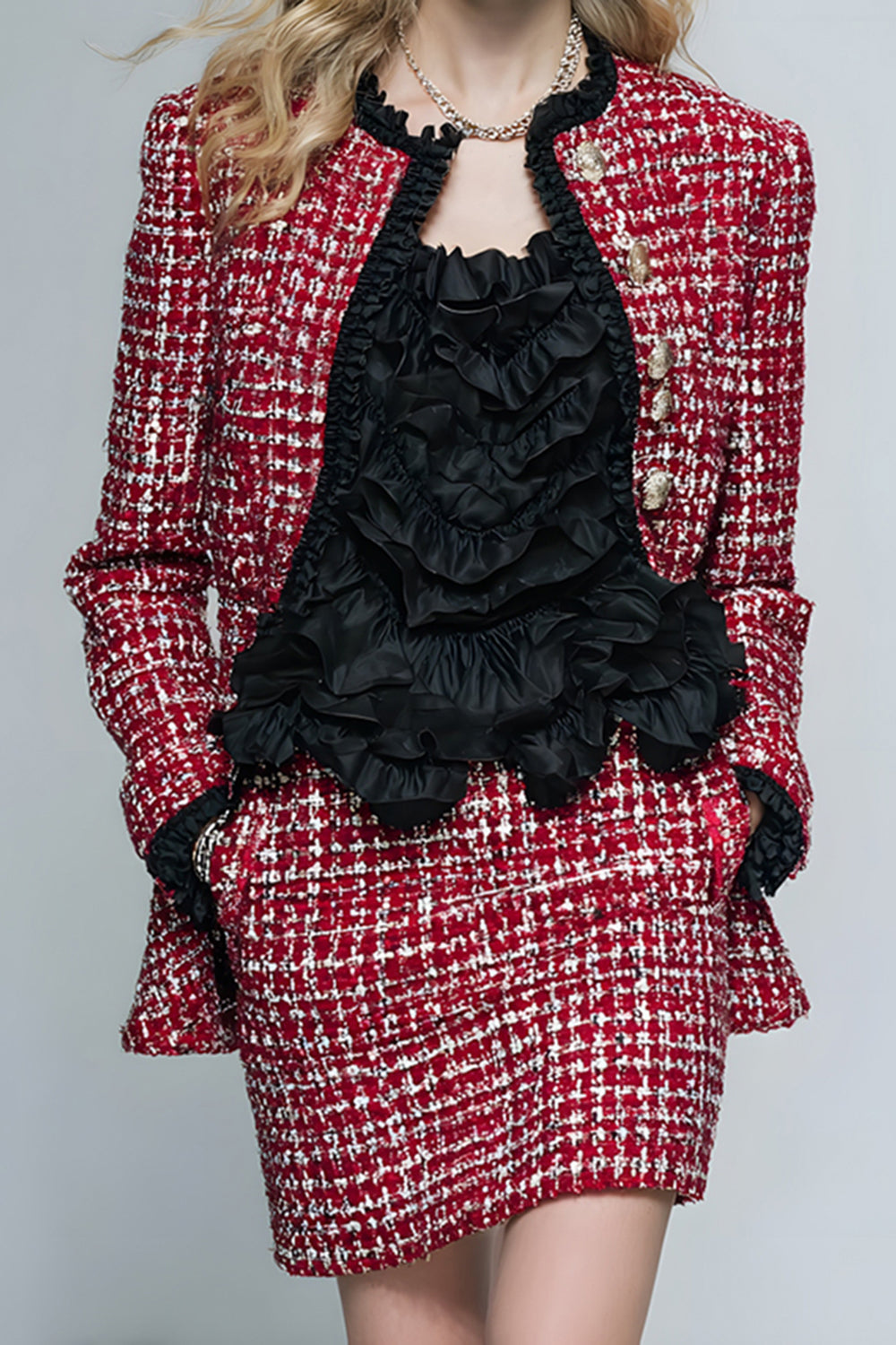 2 Piece Red Grid Tweed Tight Short Pageant Interview Outfits with Ruffles