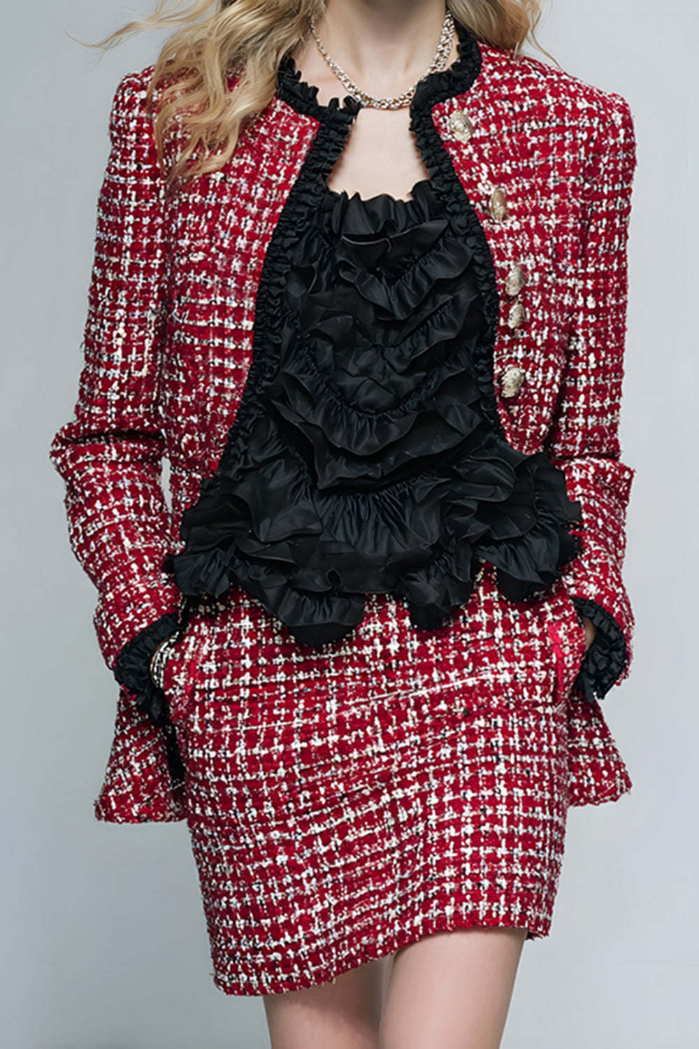 2 Piece Red Grid Tweed Tight Short Pageant Interview Outfits with Ruffles