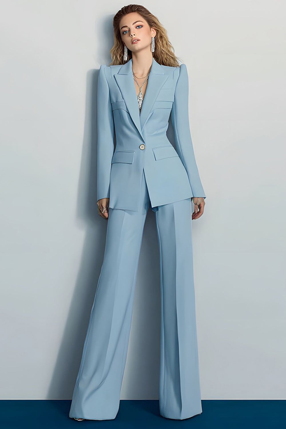 Leely Women 2 Piece Grey Blue Long Sleeves Prom Suits Peak Lapel One Button Business Pantsuits