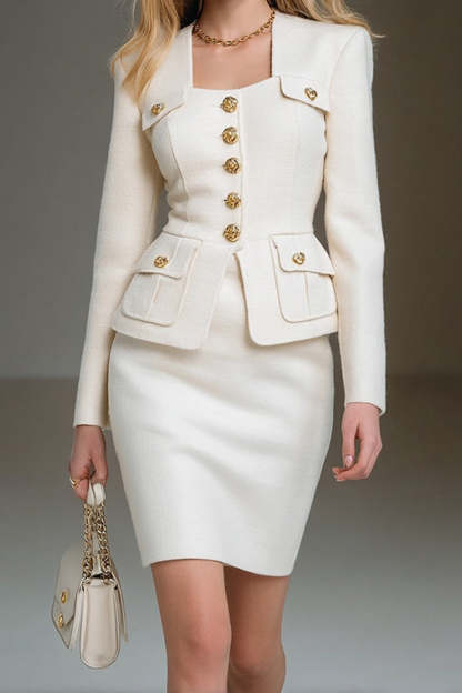 White Single Breasted Pencil 2 Piece Short Tweed Interview Outfits