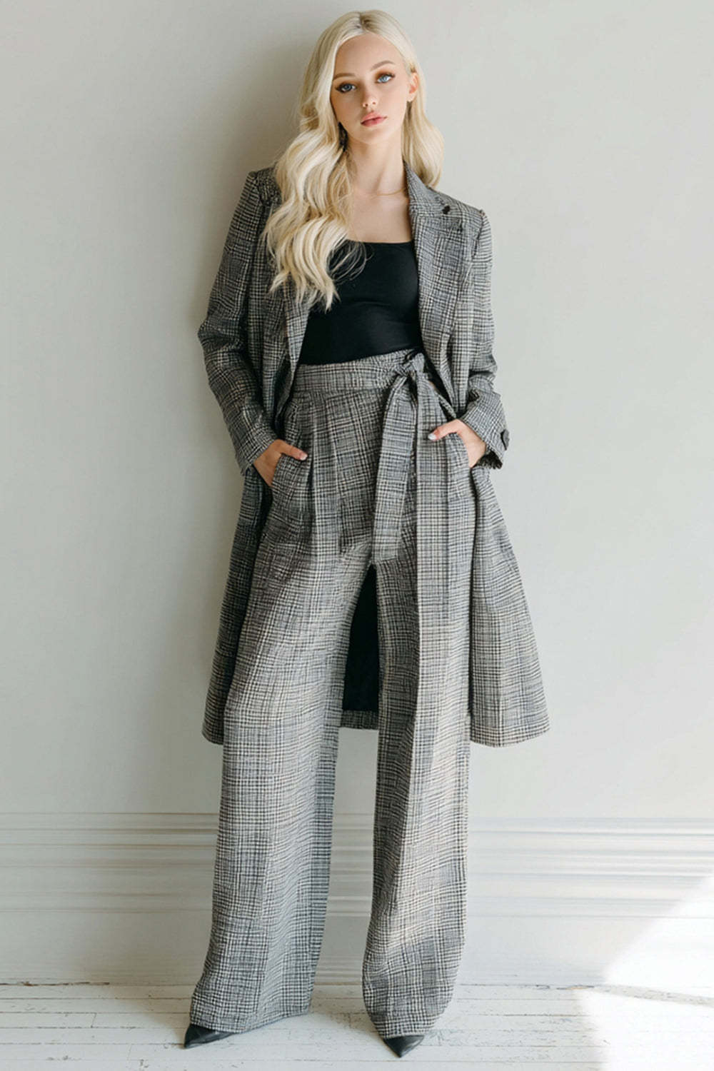 Leely Women 2 Piece Grey Grid Business Suits with Sash Notched Lapel Long Sleeves Work Pantsuits