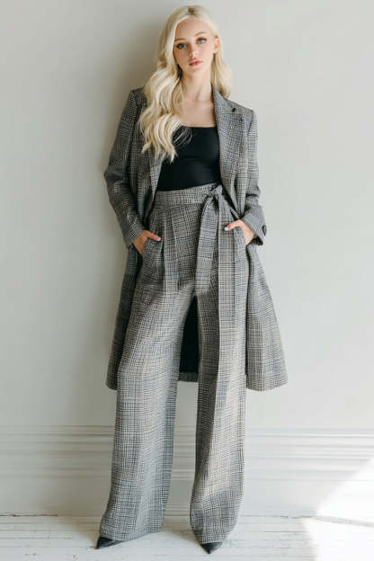 Leely Women 2 Piece Grey Grid Business Suits with Sash Notched Lapel Long Sleeves Work Pantsuits