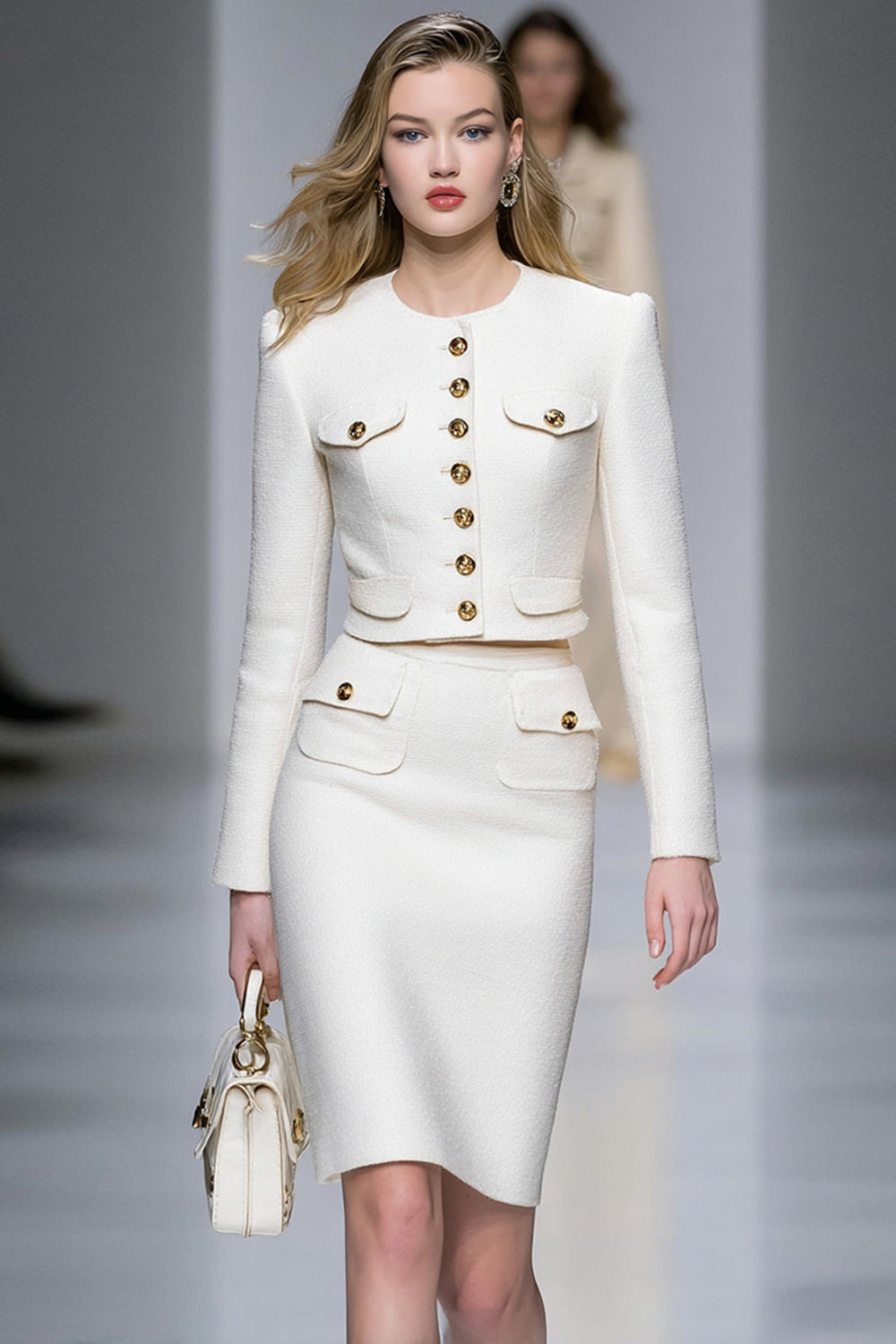 White Pencil 2 Piece Short Tweed Interview Outfits with Buttons