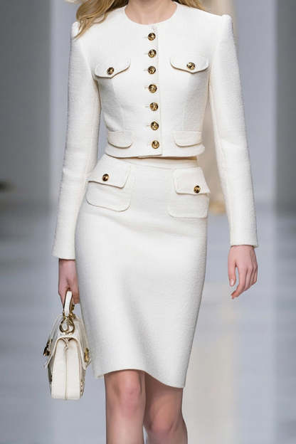 White Pencil 2 Piece Short Tweed Interview Outfits with Buttons