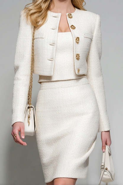 White 2 Piece Single Breasted Pencil Short Tweed Interview Outfits