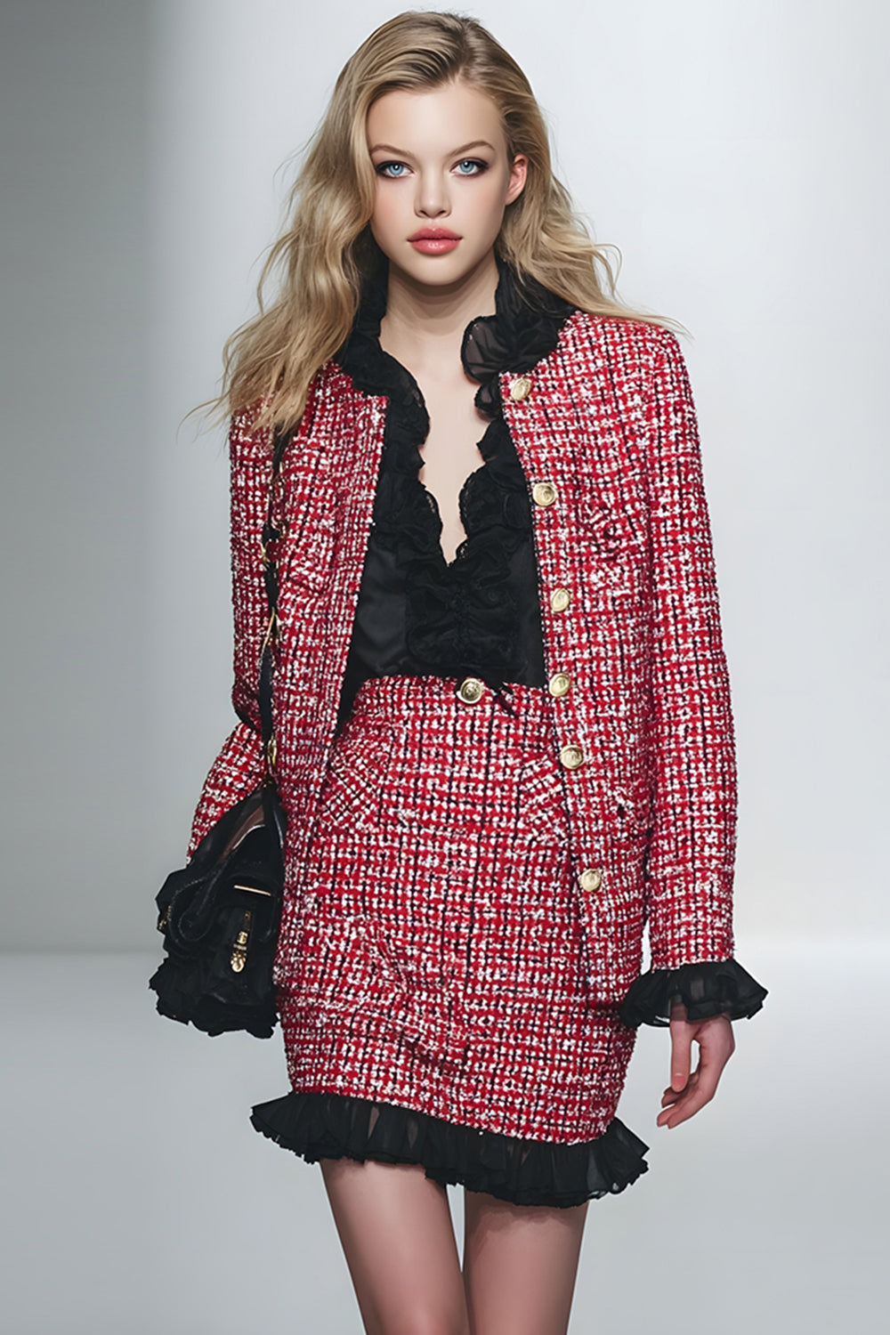 Red Black Grid Pencil 2 Piece Short Tweed Interview Outfits with Ruffles