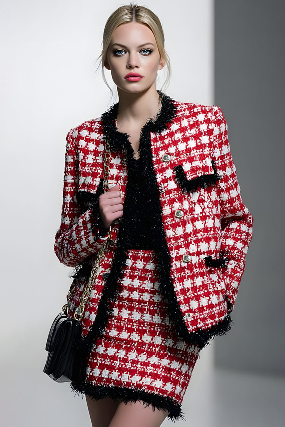 Red Grid 2 Piece Single Breasted Pencil Short Tweed Pageant Interview Outfits