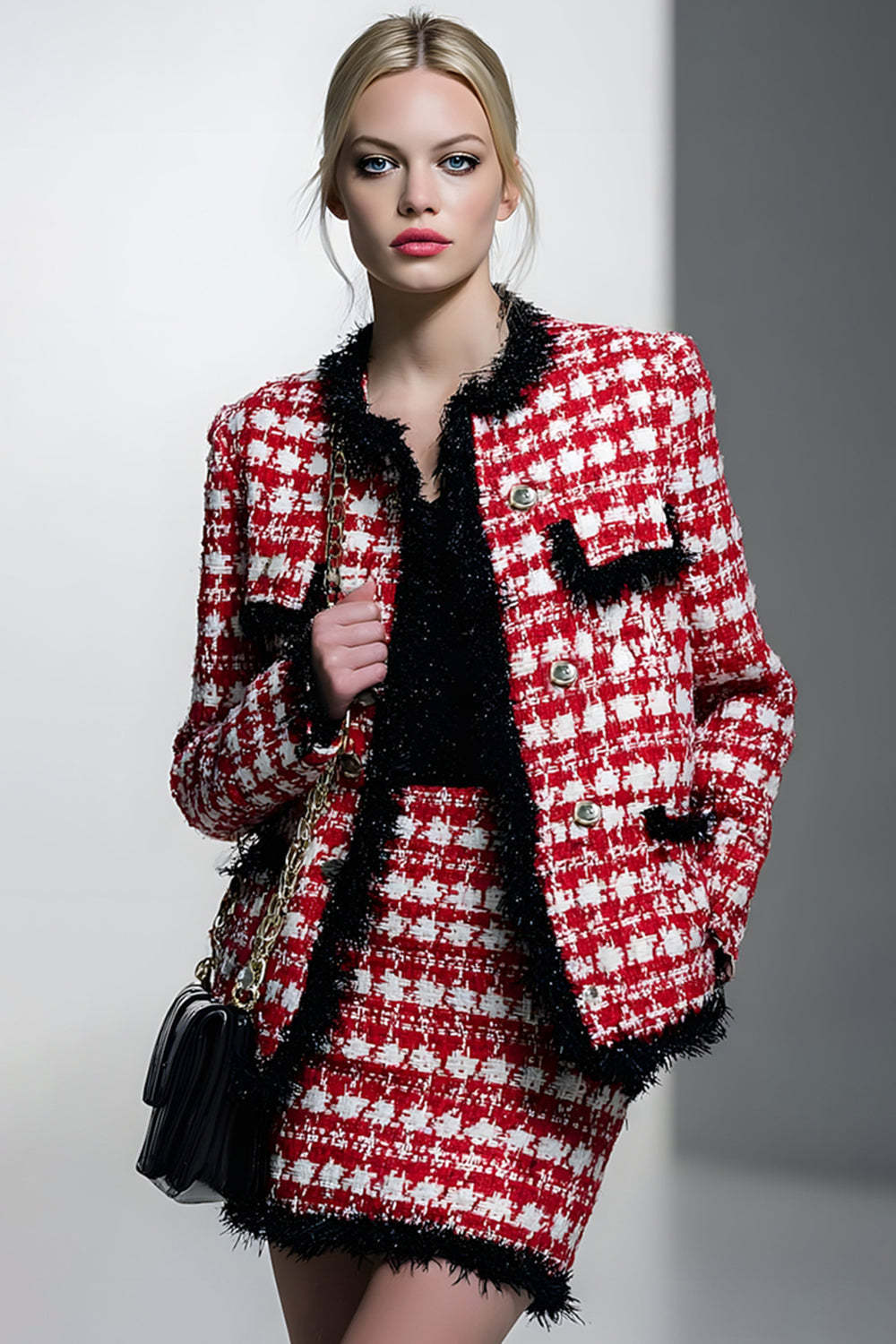 Leely Women Red Grid Pencil Short Tweed Interview Outfits Single Breasted 2 Piece Homecoming Suits with Fringes