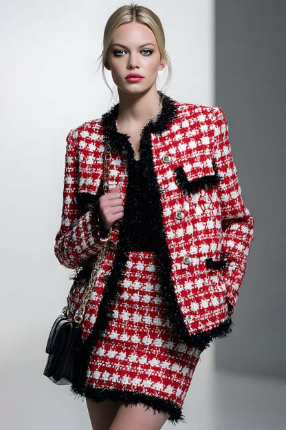 Leely Women Red Grid Pencil Short Tweed Interview Outfits Single Breasted 2 Piece Homecoming Suits with Fringes