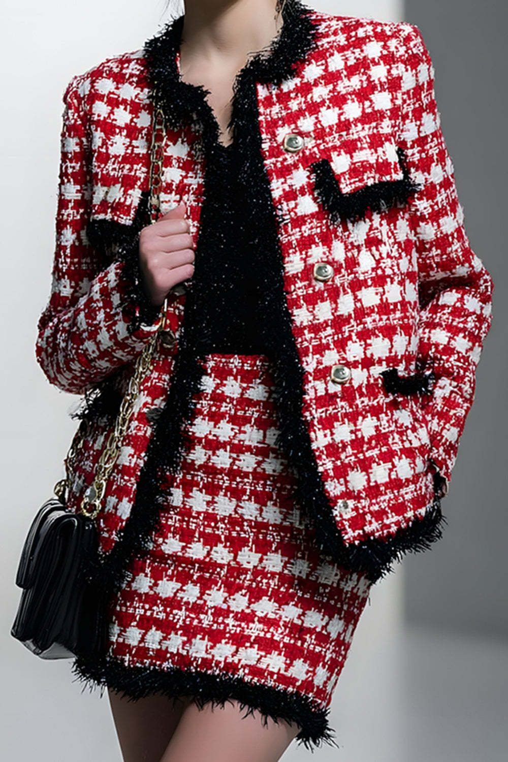 Red Grid 2 Piece Single Breasted Pencil Short Tweed Pageant Interview Outfits