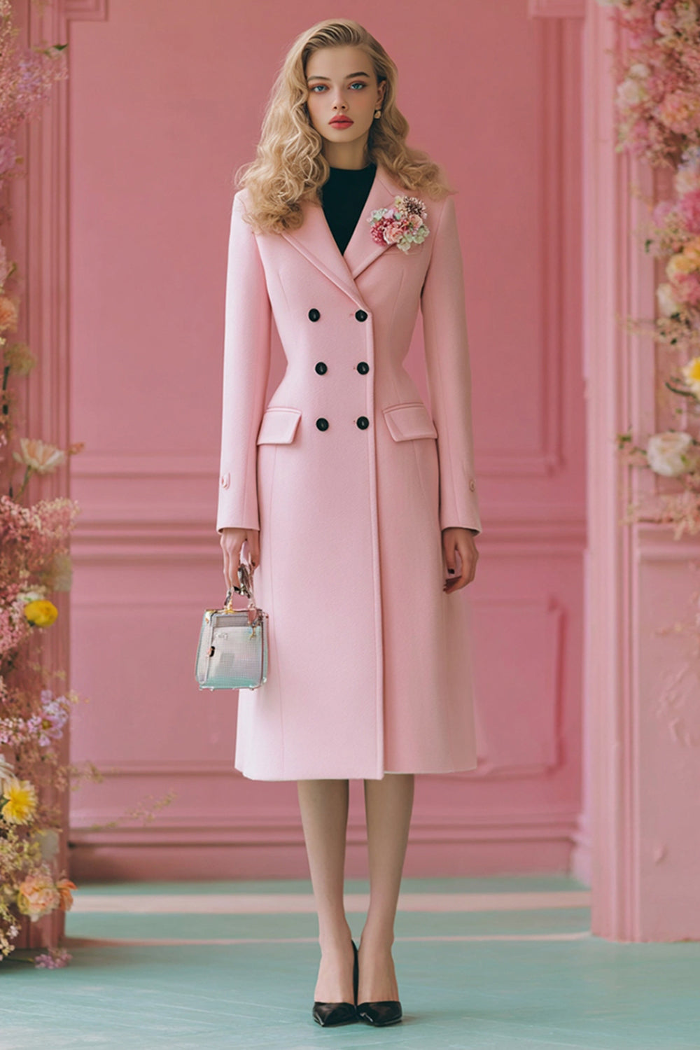 Leely Women Pink A Line Midi Blazer Dress Double Breasted Long Sleeves Coat Dress with 3D Flower