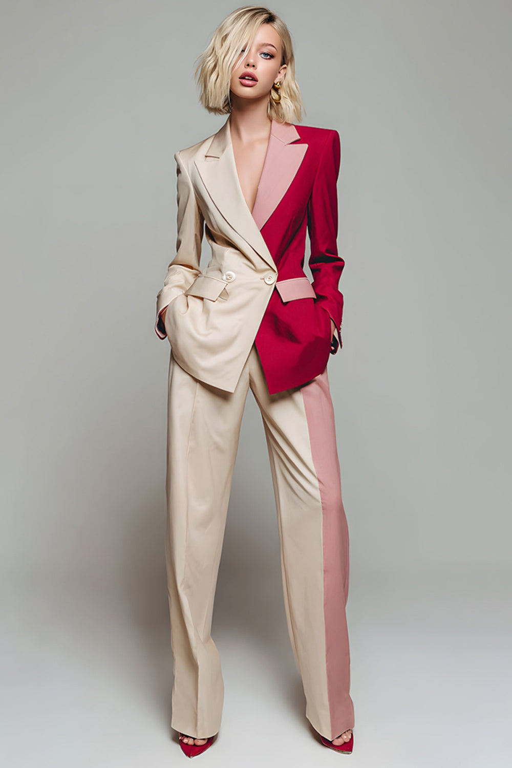 Leely Women Light Khaki 2 Piece Business Suits with Pockets Notched Lapel Patchwork Work Pantsuits with Buttons