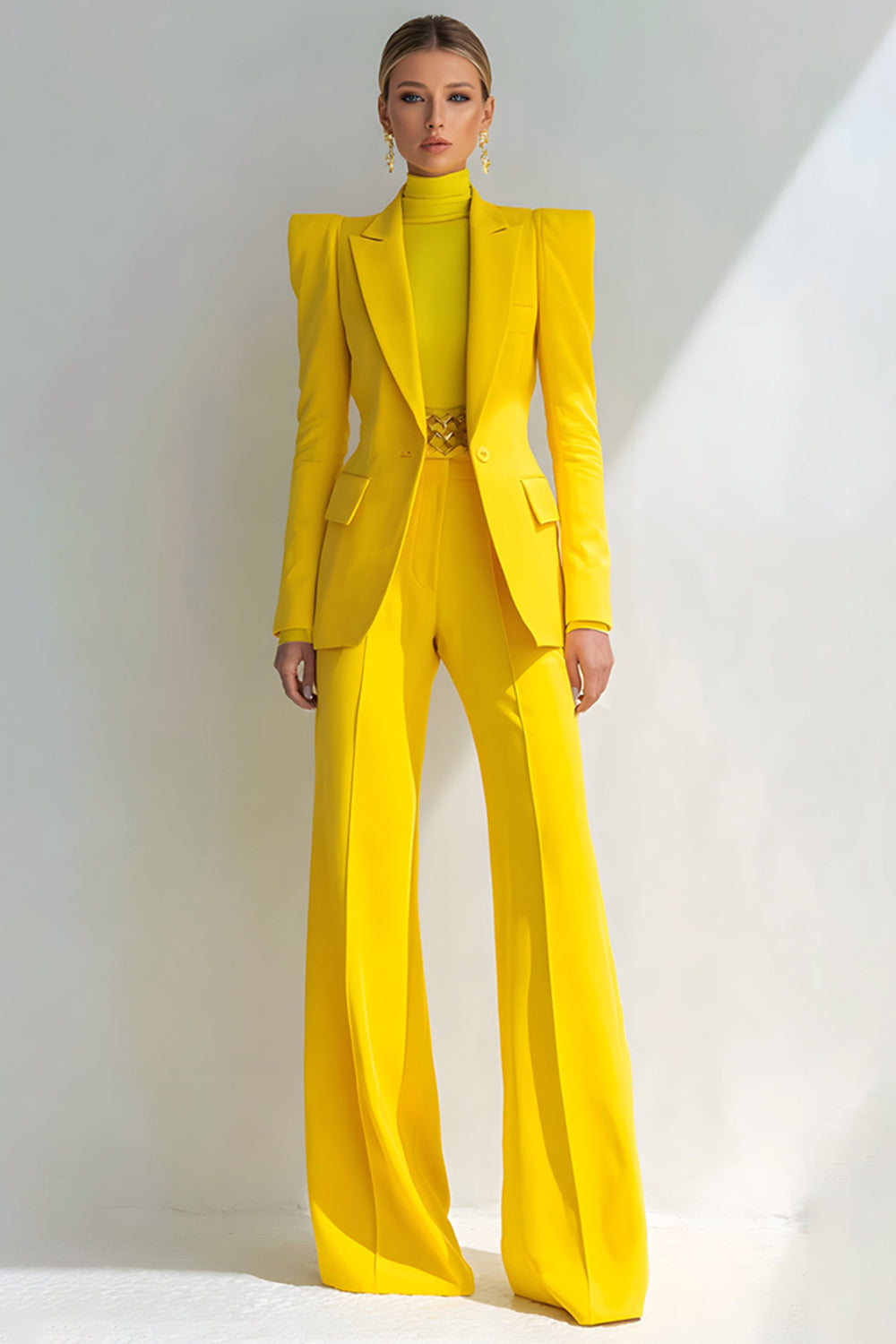 Leely Women Yellow Peak Lapel 2 Piece Prom Suits with Sleeves One Button Wide Leg Business Pantsuits