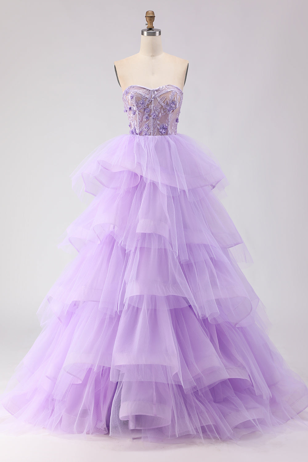 Leely Women Purple Princess Long Corset Prom Dress Ruffled Sweetheart Tiered Pearls Floral Tulle Backless Pageant Dress