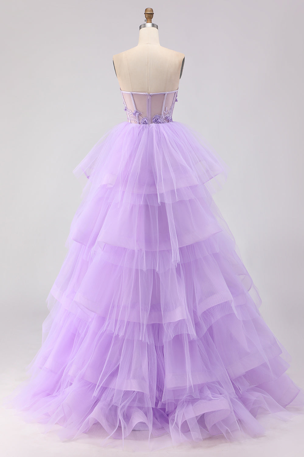 Sparkly Purple Ruffled Tiered Beaded Floral Tulle Long Corset Prom Dress