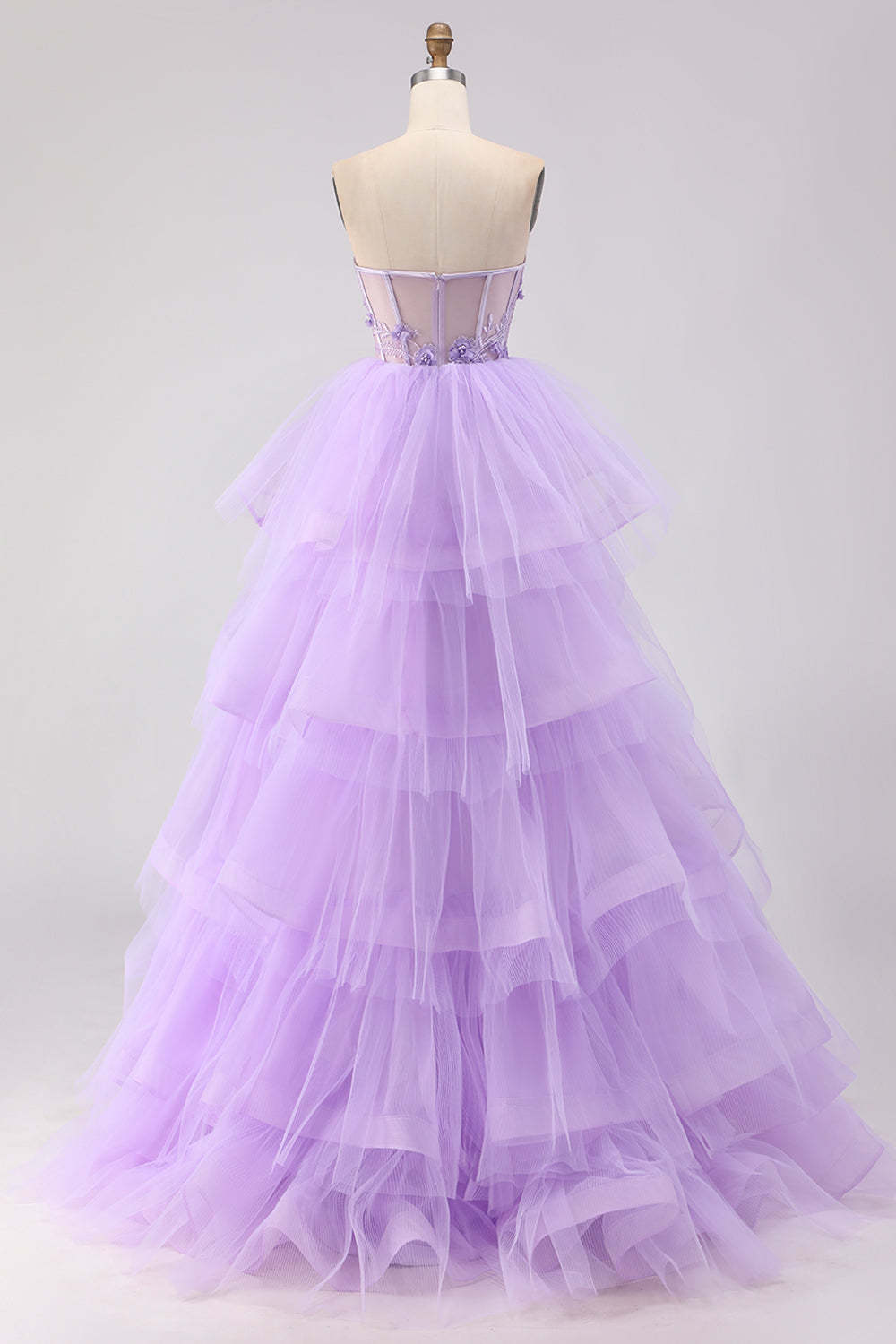 Sparkly Purple Ruffled Tiered Beaded Floral Tulle Long Corset Prom Dress