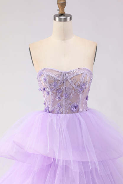 Sparkly Purple Ruffled Tiered Beaded Floral Tulle Long Corset Prom Dress