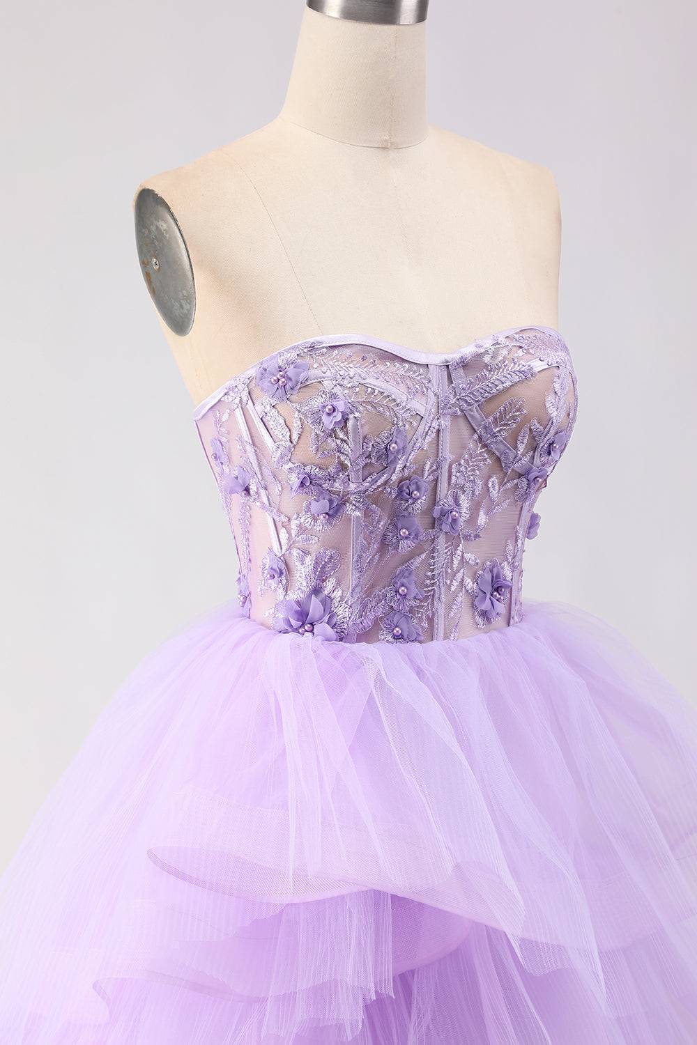 Sparkly Purple Ruffled Tiered Beaded Floral Tulle Long Corset Prom Dress