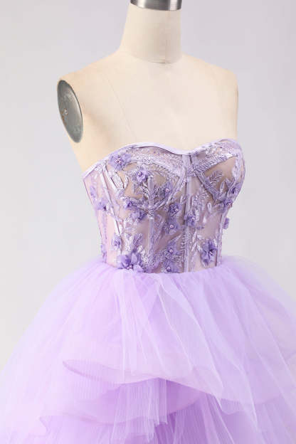 Sparkly Purple Ruffled Tiered Beaded Floral Tulle Long Corset Prom Dress