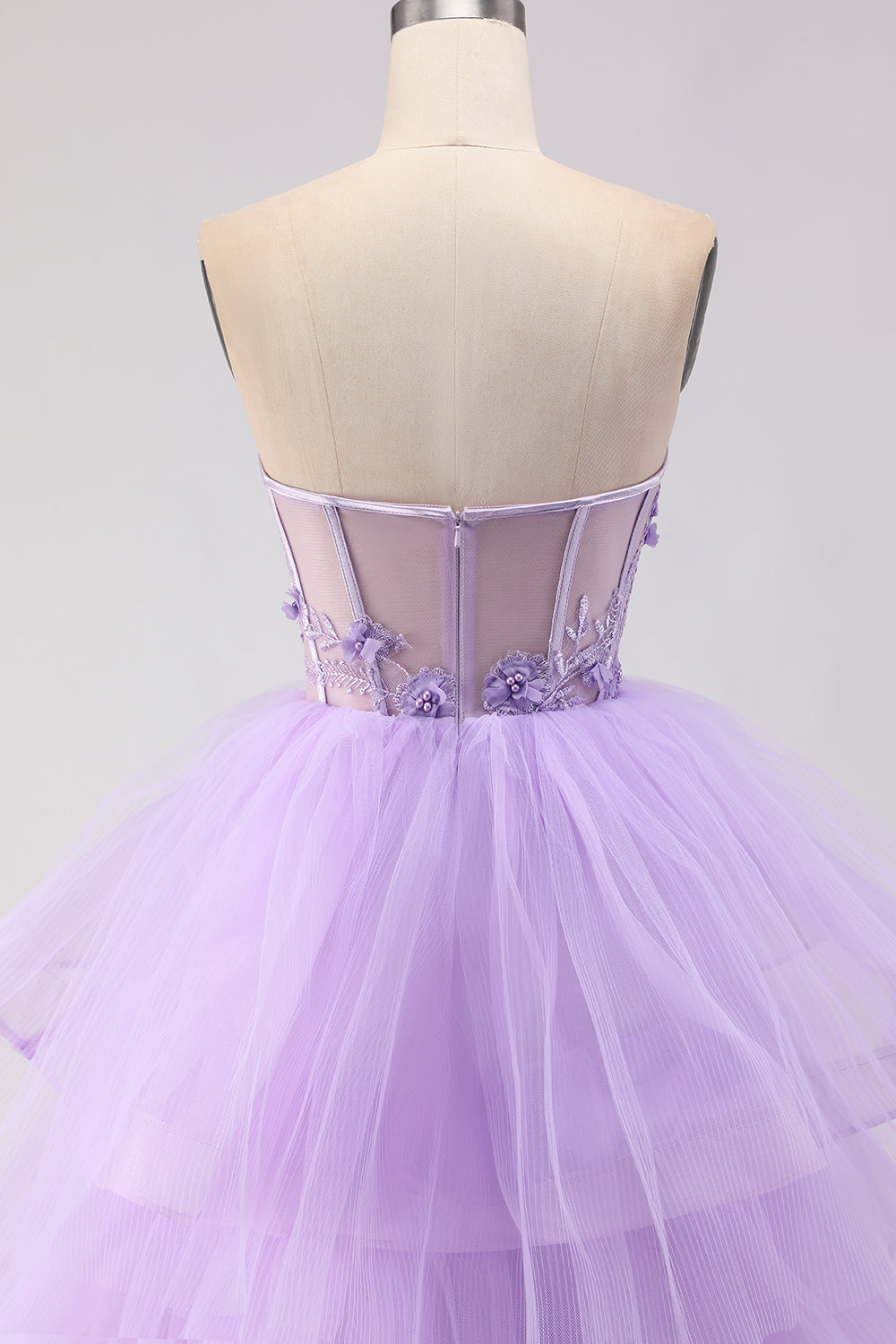 Sparkly Purple Ruffled Tiered Beaded Floral Tulle Long Corset Prom Dress