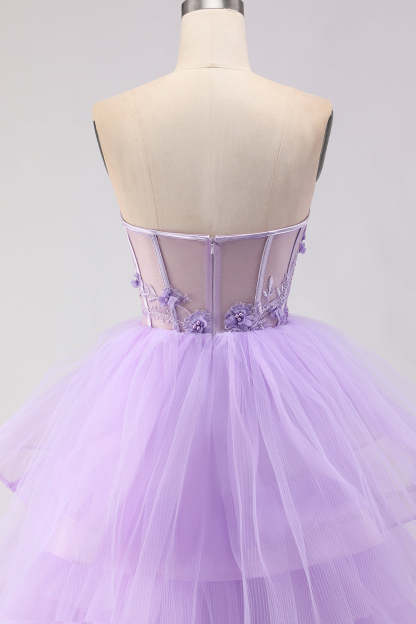 Sparkly Purple Ruffled Tiered Beaded Floral Tulle Long Corset Prom Dress