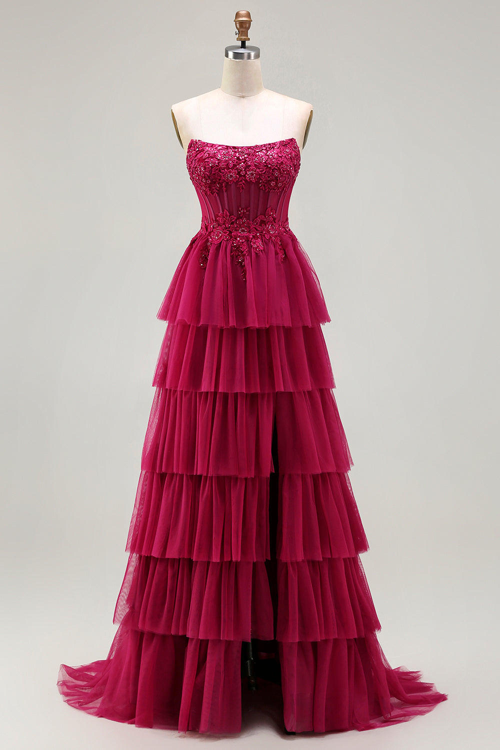 Sparkly Floral Fuchsia Beaded Tiered Long Corset Prom Dress with Slit