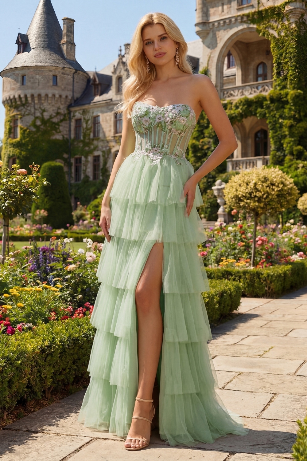 Sparkly Floral Green Tiered Beaded Long Corset Prom Dress with Ruffles