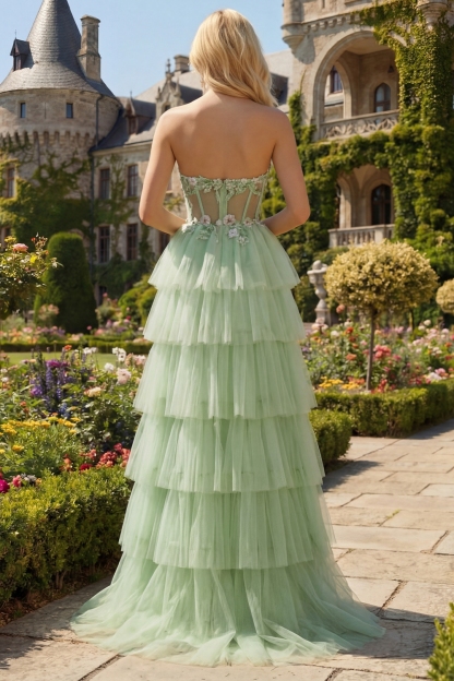 Sparkly Floral Green Tiered Beaded Long Corset Prom Dress with Ruffles