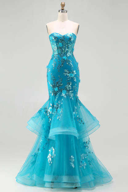 Leely Women Sparkly Blue Mermaid Long Corset Prom Dress with Ruffles Sequins Floral Sweetheart Organza Lace Up Back Strapless Pageant Dress