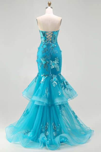 Sparkly Blue Sequin Mermaid Tiered Long Corset Prom Dress with Ruffles