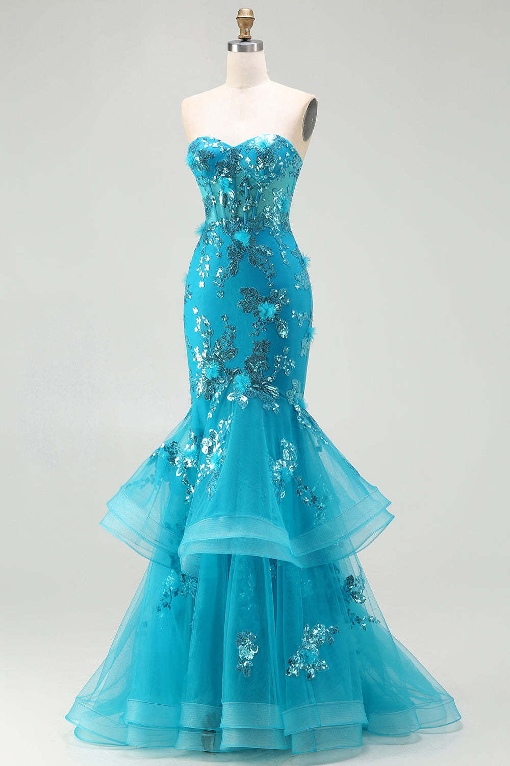 Sparkly Blue Sequin Mermaid Tiered Long Corset Prom Dress with Ruffles