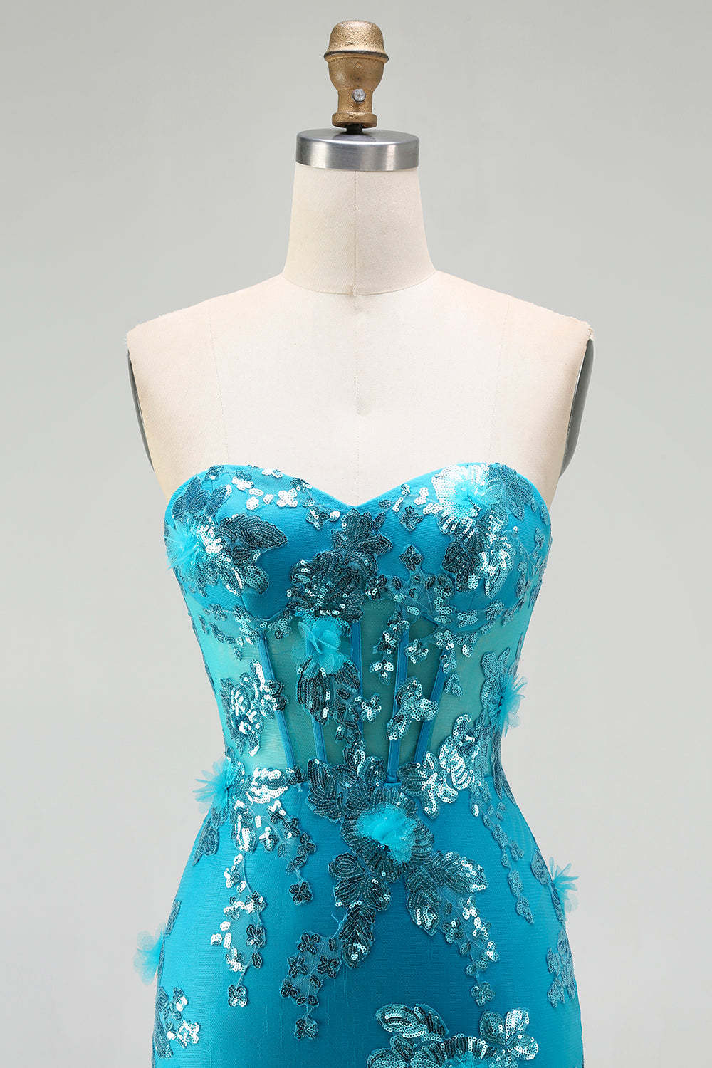 Sparkly Blue Sequin Mermaid Tiered Long Corset Prom Dress with Ruffles