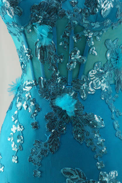 Sparkly Blue Sequin Mermaid Tiered Long Corset Prom Dress with Ruffles