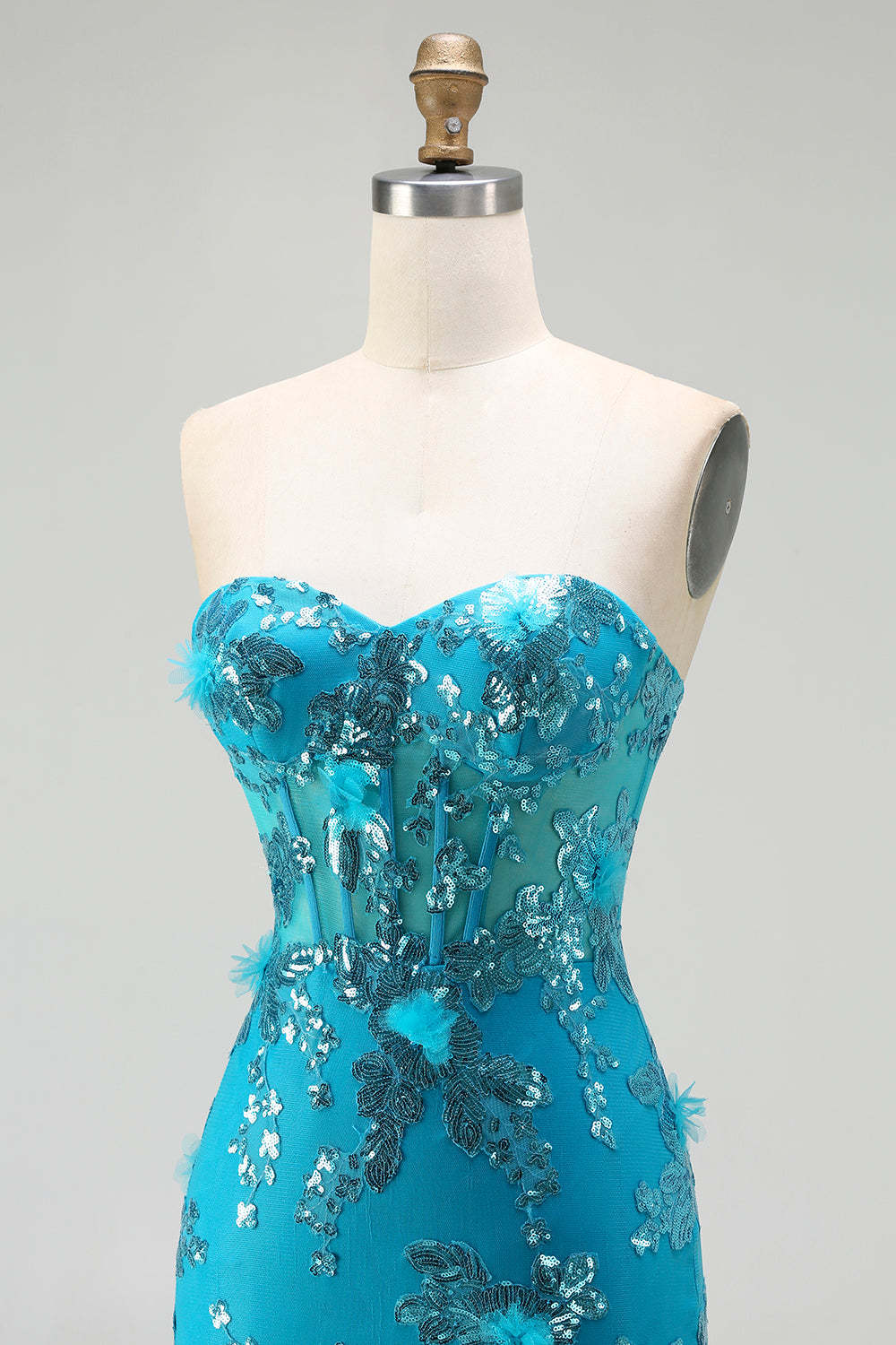 Sparkly Blue Sequin Mermaid Tiered Long Corset Prom Dress with Ruffles