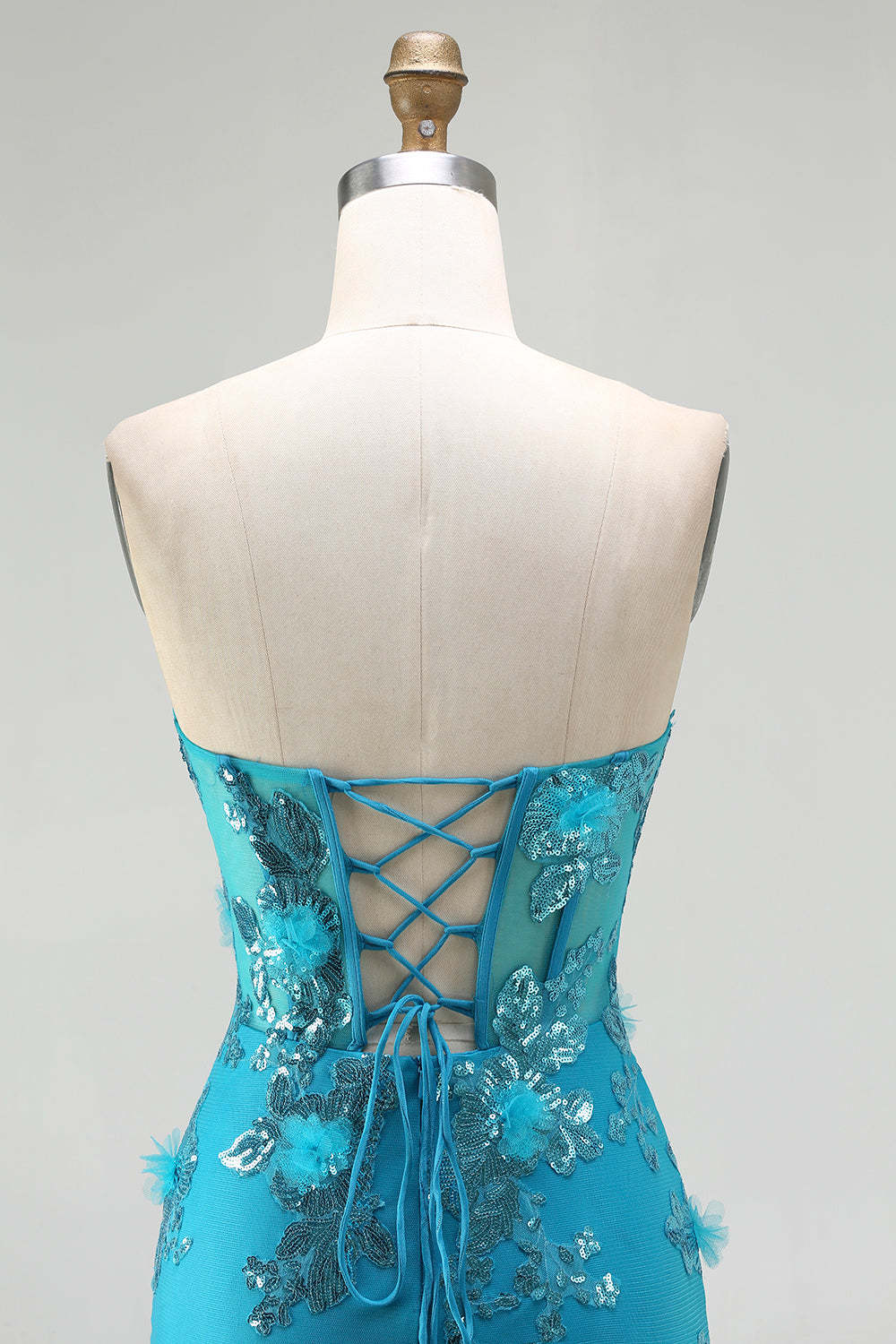 Sparkly Blue Sequin Mermaid Tiered Long Corset Prom Dress with Ruffles