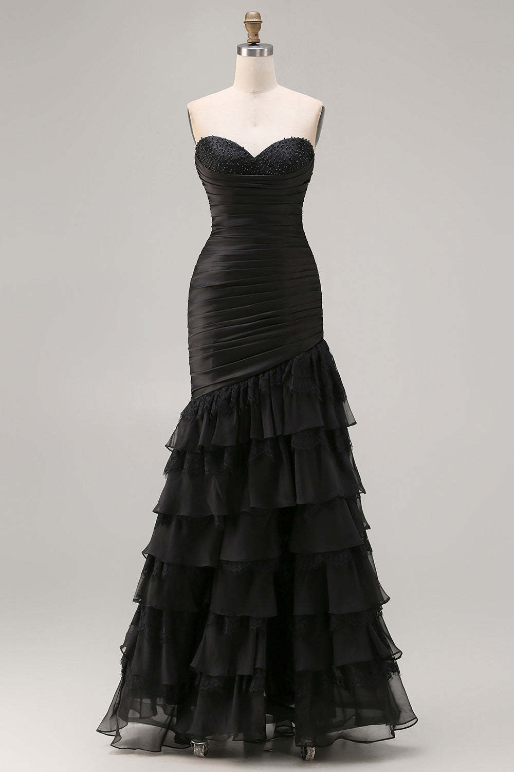 Black Tiered Ruched Sweetheart Maxi Prom Dress with Beading