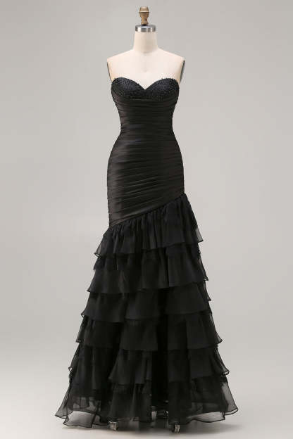 Black Tiered Ruched Sweetheart Maxi Prom Dress with Beading