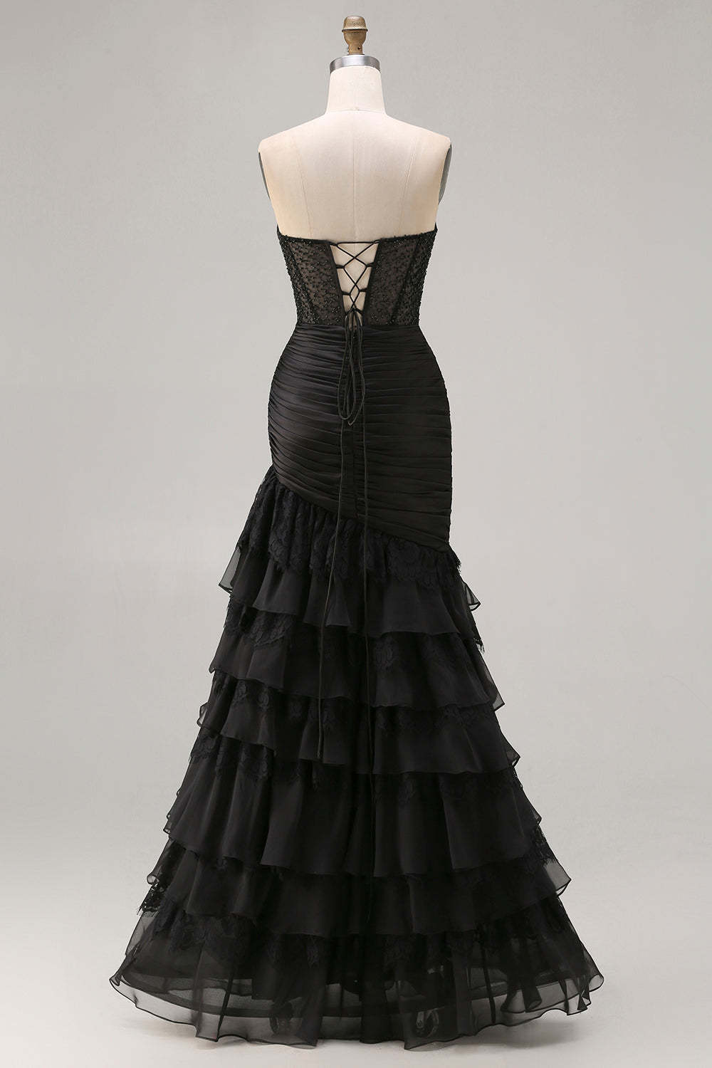 Black Tiered Ruched Sweetheart Maxi Prom Dress with Beading