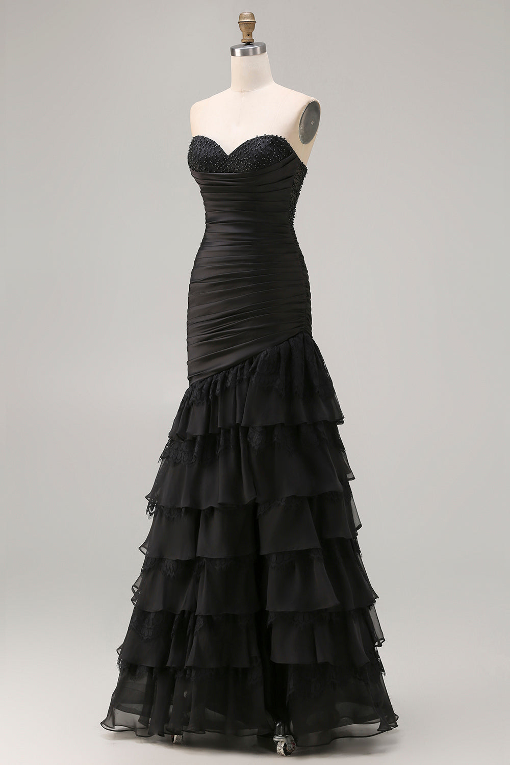 Black Tiered Ruched Mermaid Long Prom Dress with Beading